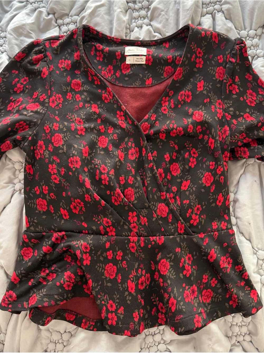 Meadow Rue Red Floral Peplum Wrap Top by Anthropologie